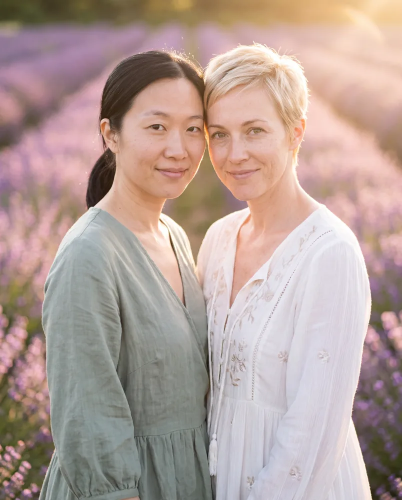 Due donne in un campo di lavanda nell'ora dorata